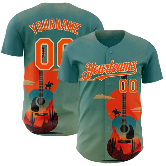 Custom Green Orange-City Cream Texas Sunset Southwest Landscape Guitar City Edition Authentic Baseball Jersey - Main View