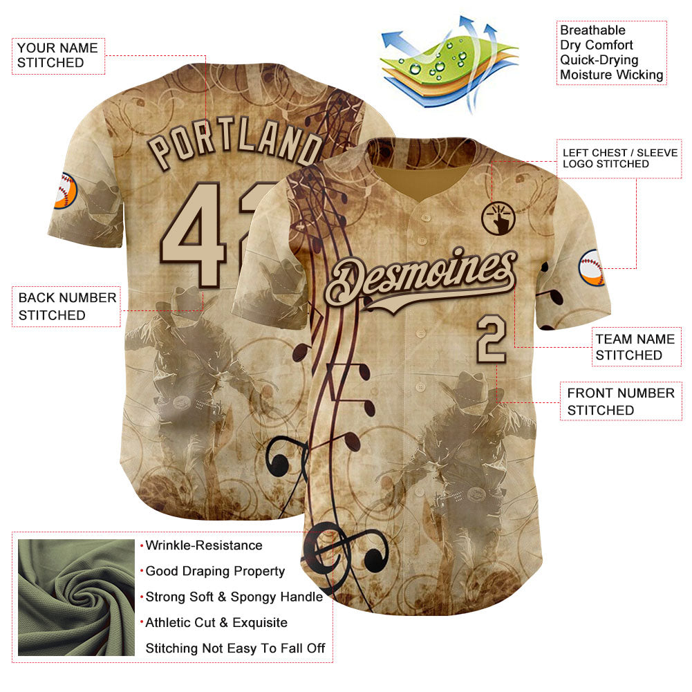 Custom City Cream Brown Texas Grunge Cowboy Country Music City Edition Authentic Baseball Jersey view 3