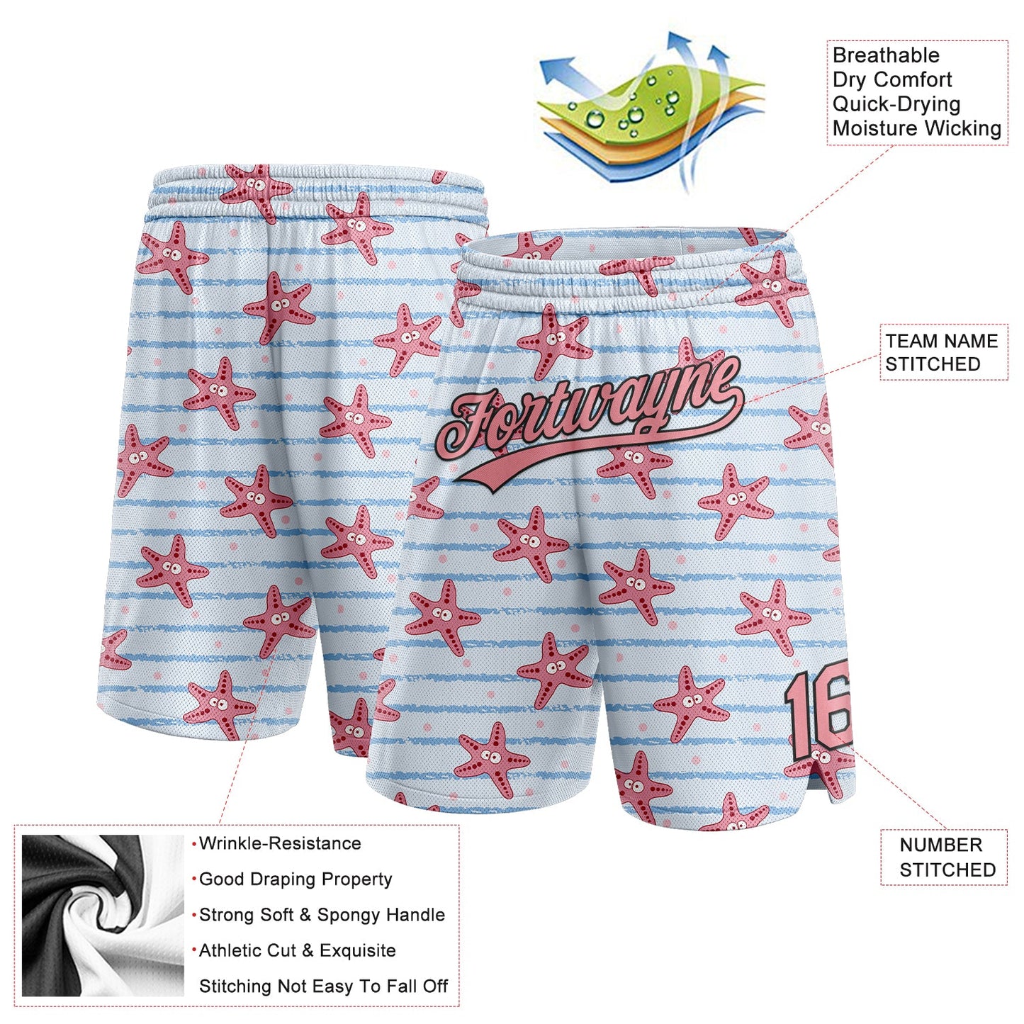 Custom Light Blue Medium Pink-Black 3D Pattern Starfishs Authentic Basketball Shorts view 2
