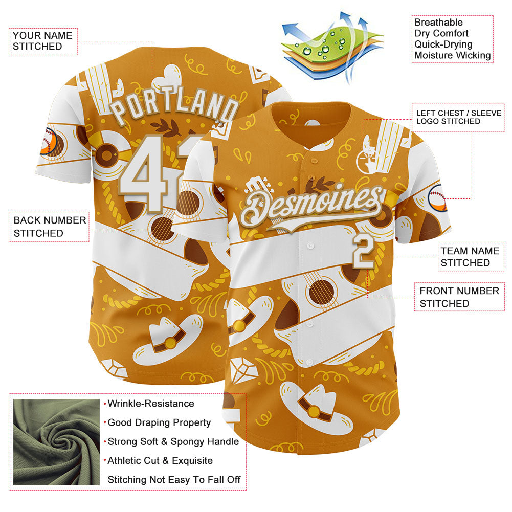 Custom Yellow White-Old Gold Texas Cowboy Guitar City Edition Authentic Baseball Jersey view 3