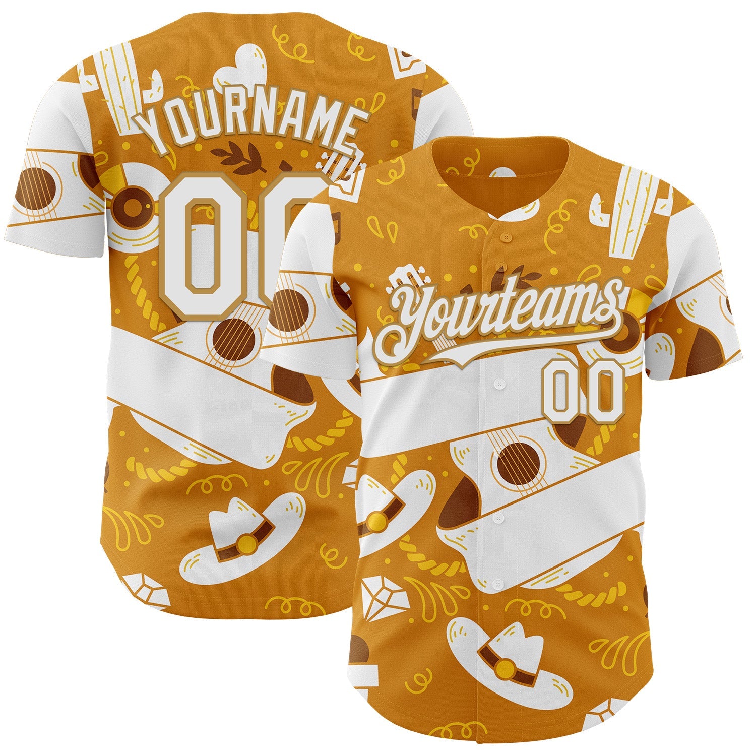 Custom Yellow White-Old Gold Texas Cowboy Guitar City Edition Authentic Baseball Jersey - Main View