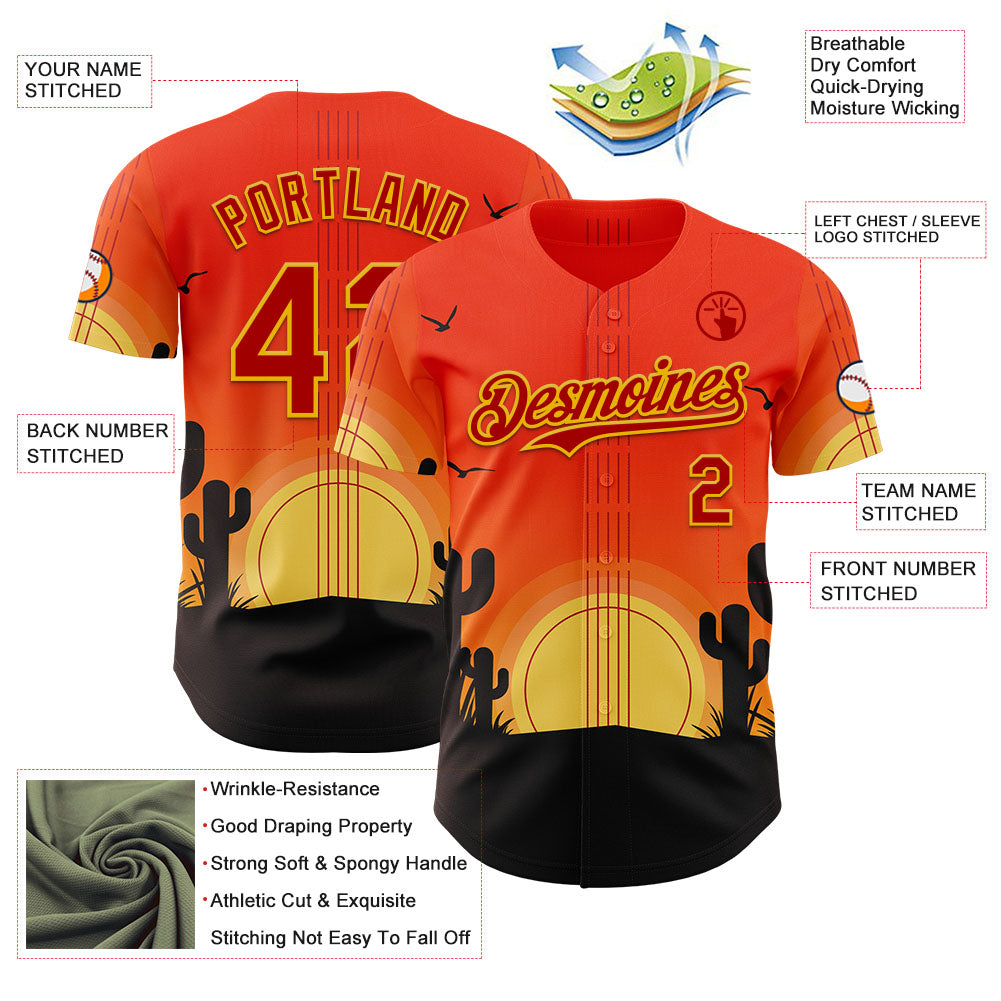 Custom Orange Red Yellow-Black Texas Sunset Southwest Landscape Guitar City Edition Authentic Baseball Jersey view 3