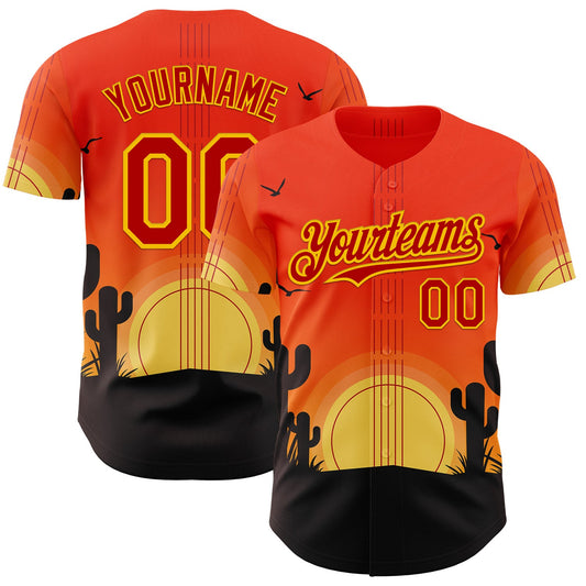 Custom Orange Red Yellow-Black Texas Sunset Southwest Landscape Guitar City Edition Authentic Baseball Jersey - Main View