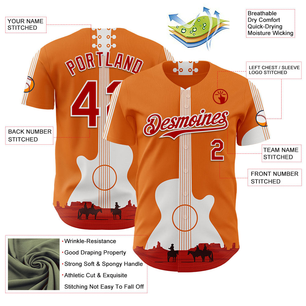 Custom Orange Red-White Texas Sunset Southwest Landscape Guitar City Edition Authentic Baseball Jersey view 3
