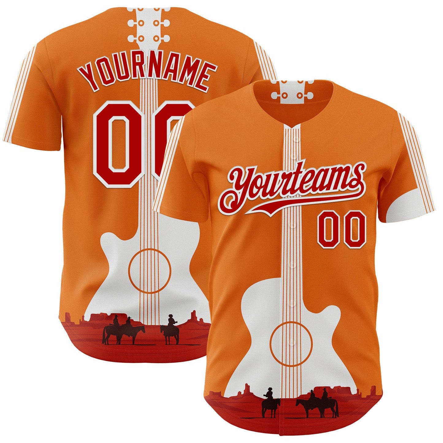 Custom Orange Red-White Texas Sunset Southwest Landscape Guitar City Edition Authentic Baseball Jersey - Main View