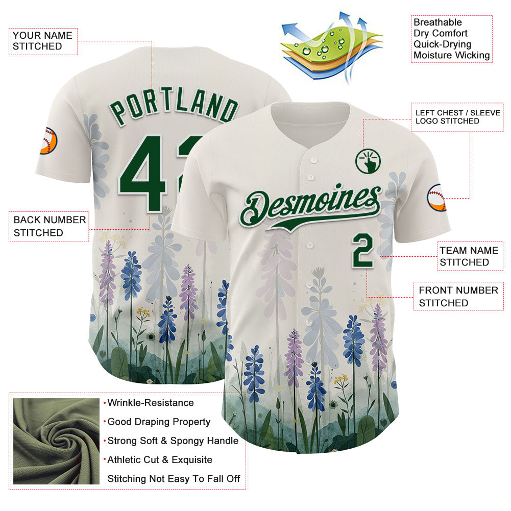 Custom White Green Texas Bluebonnet Floral City Edition Authentic Baseball Jersey view 3