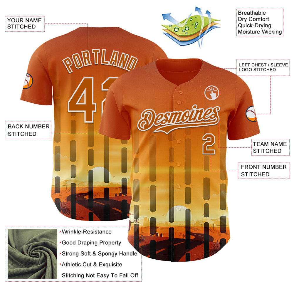 Custom Texas Orange Yellow Black-White Texas Sunset Southwest Landscape City Edition Authentic Baseball Jersey view 3