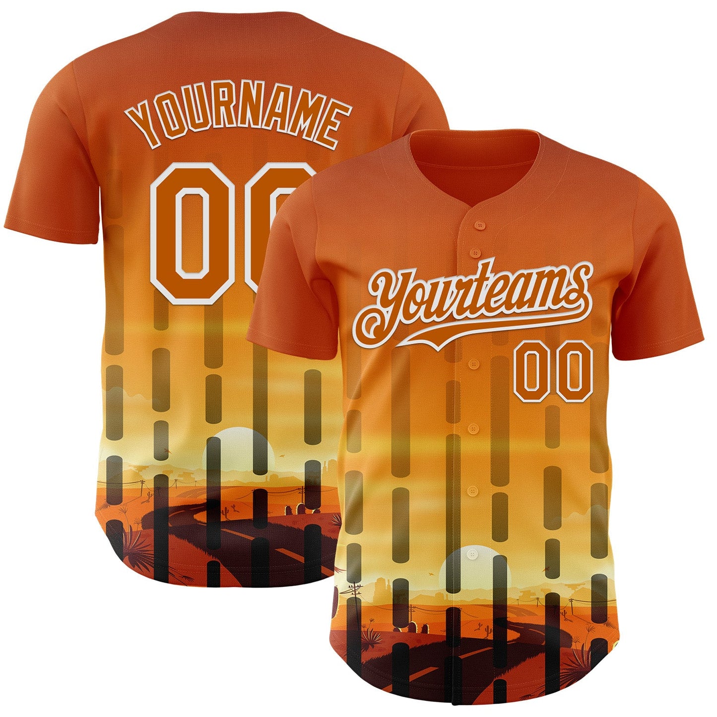Custom Texas Orange Yellow Black-White Texas Sunset Southwest Landscape City Edition Authentic Baseball Jersey - Main View