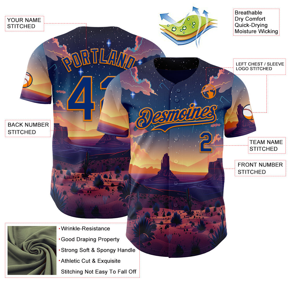 Custom Blue Royal-Bay Orange Texas Sunset Night Landscape City Edition Authentic Baseball Jersey view 3