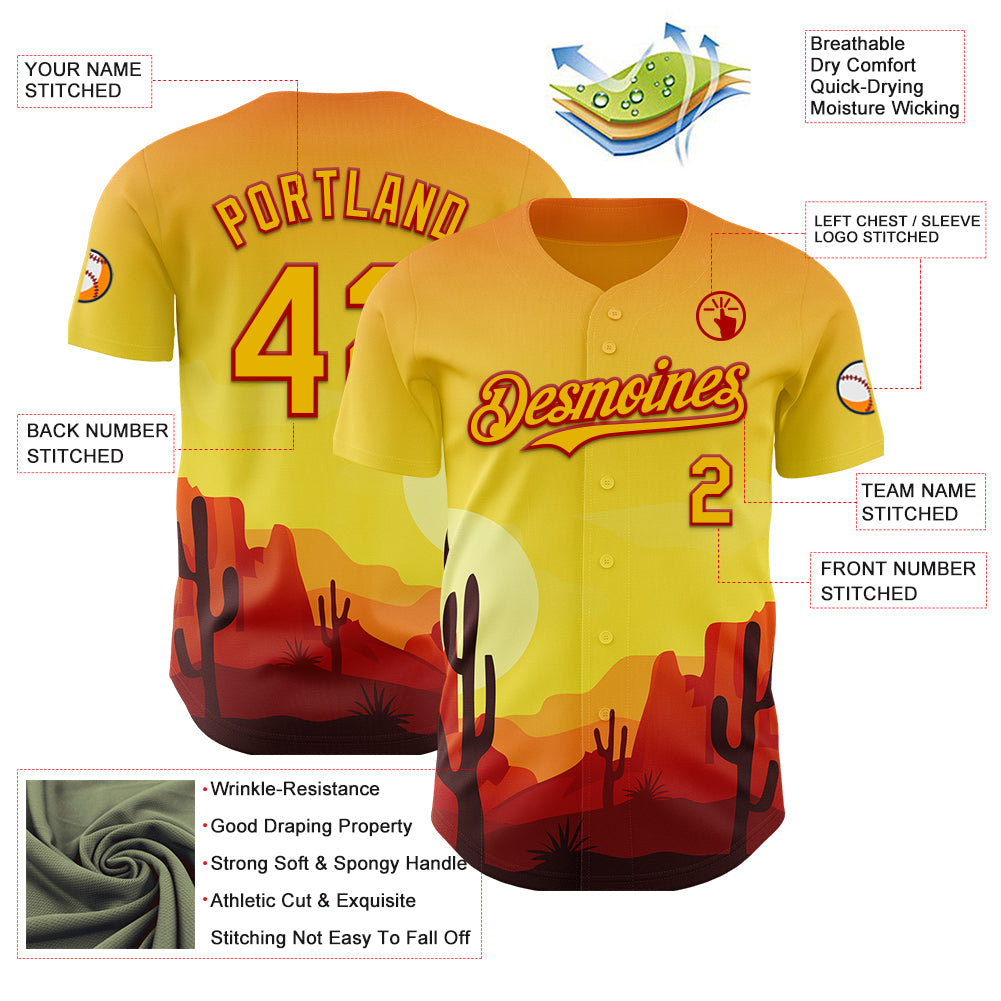 Custom Yellow Red Texas Sunset Southwest Landscape City Edition Authentic Baseball Jersey view 3