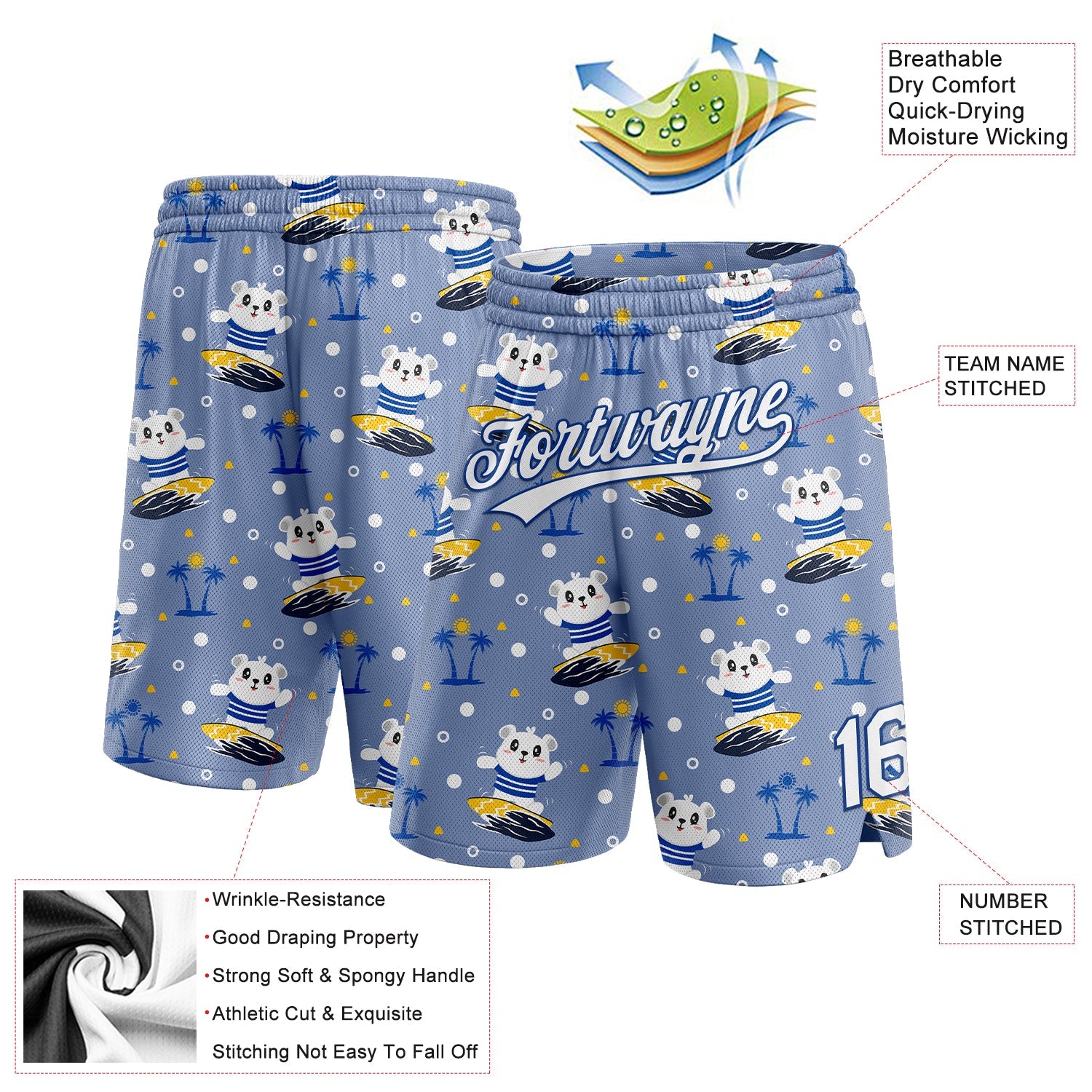 Custom Light Blue White-Royal 3D Pattern Hawaii Palm Trees And Bears Surfing Authentic Basketball Shorts view 2