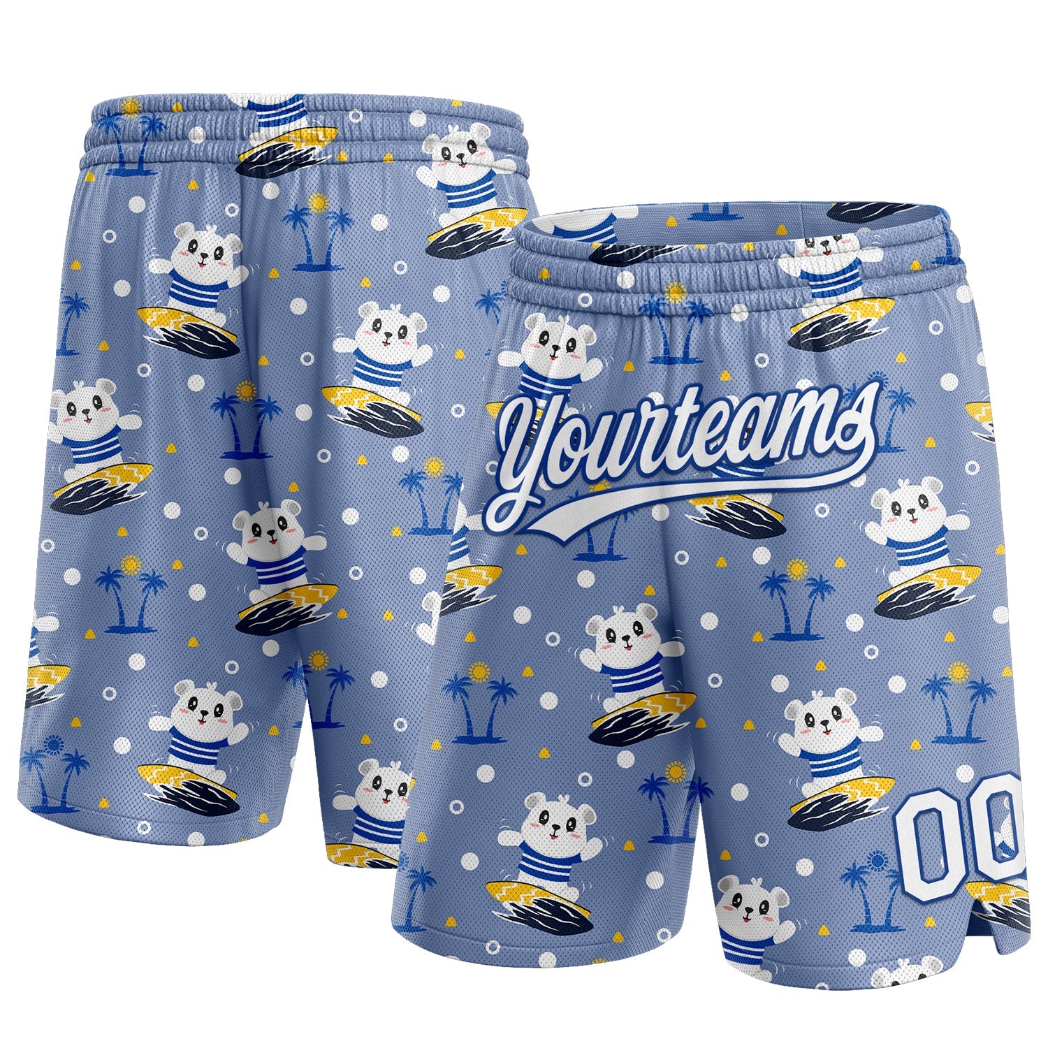 Custom Light Blue White-Royal 3D Pattern Hawaii Palm Trees And Bears Surfing Authentic Basketball Shorts - Main View