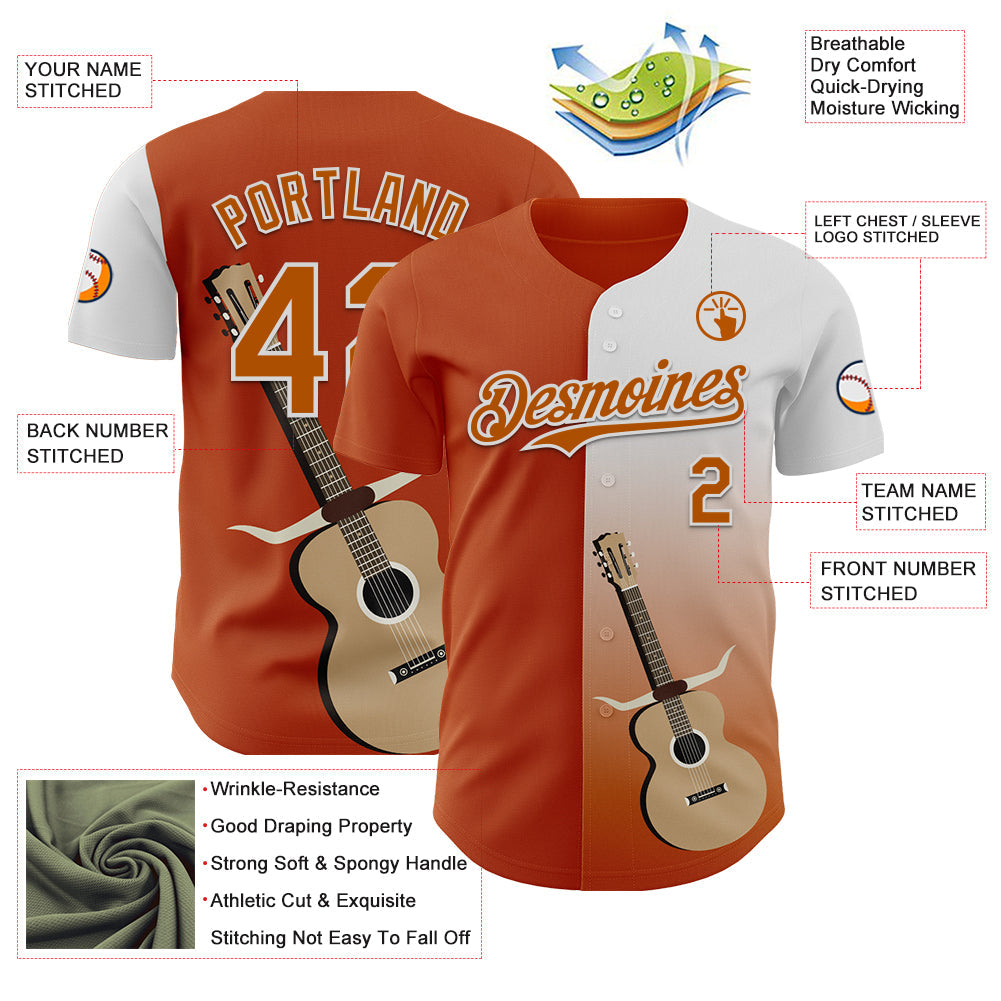 Custom Texas Orange White Texas Guitar City Edition Authentic Baseball Jersey view 3