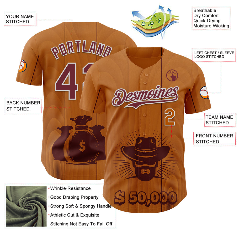 Custom Brown Burgundy-White Texas Cowboy City Edition Authentic Baseball Jersey view 3