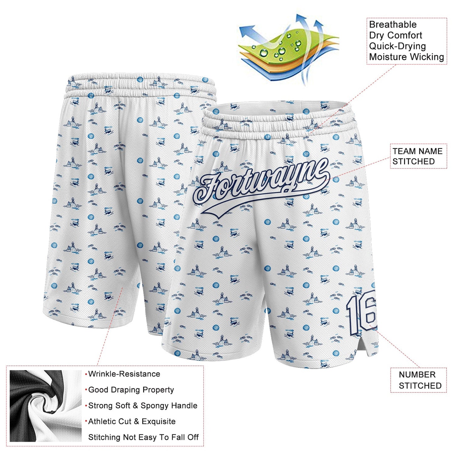 Custom White Navy 3D Pattern Fish And Ships Authentic Basketball Shorts view 2