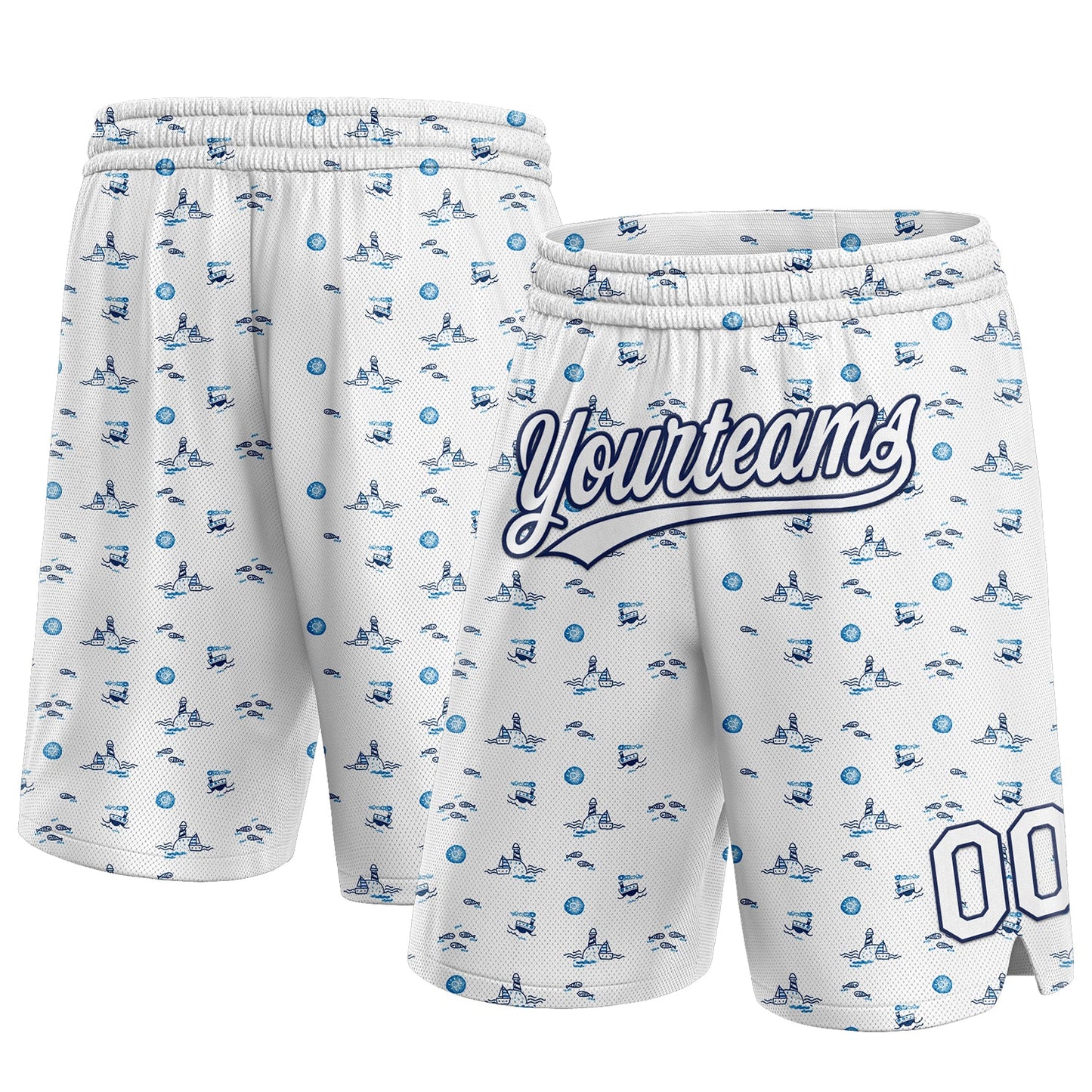 Custom White Navy 3D Pattern Fish And Ships Authentic Basketball Shorts - Main View
