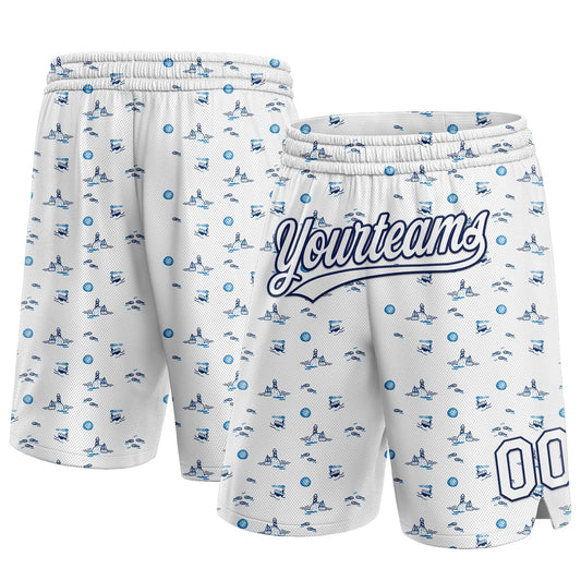 Custom White Navy 3D Pattern Fish And Ships Authentic Basketball Shorts - Main View