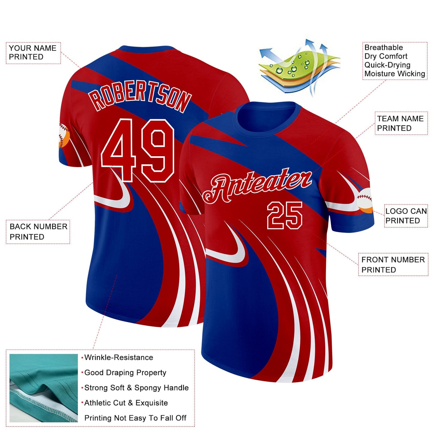 Custom Royal Red-White France Lines Performance T-Shirt view 2