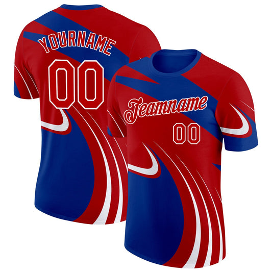 Custom Royal Red-White France Lines Performance T-Shirt - Main View