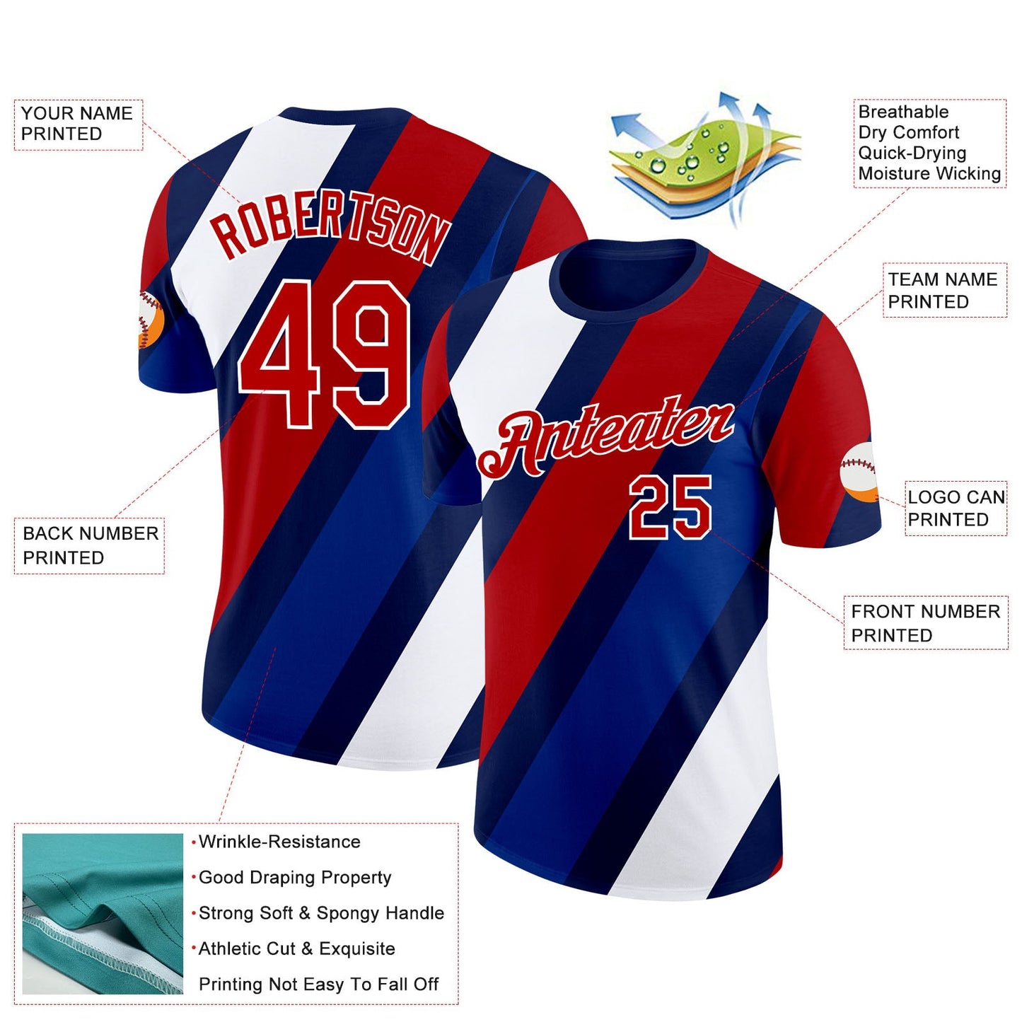 Custom Navy Red White-Royal France Performance T-Shirt view 2