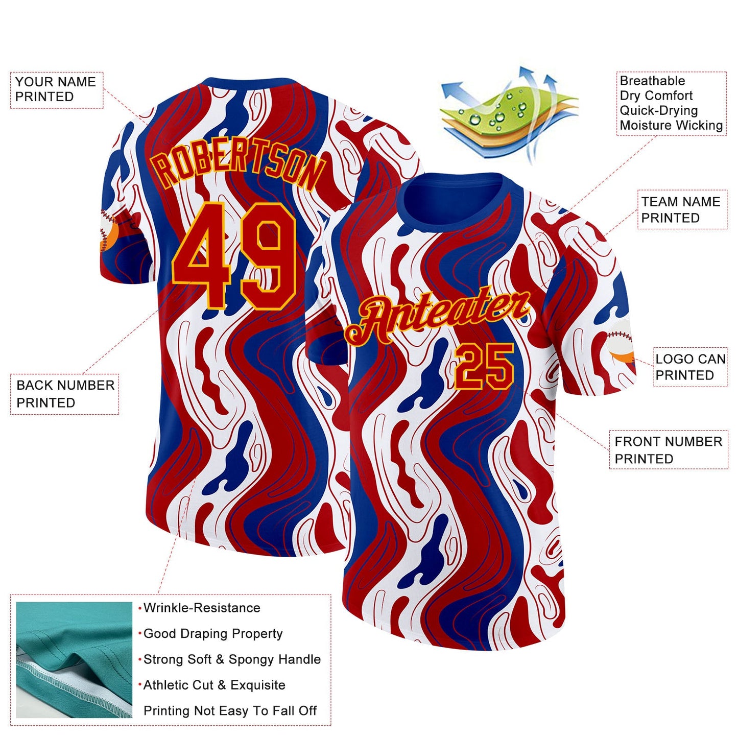 Custom Royal Red Gold-White France Fluid Performance T-Shirt view 2