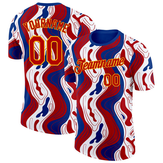 Custom Royal Red Gold-White France Fluid Performance T-Shirt - Main View