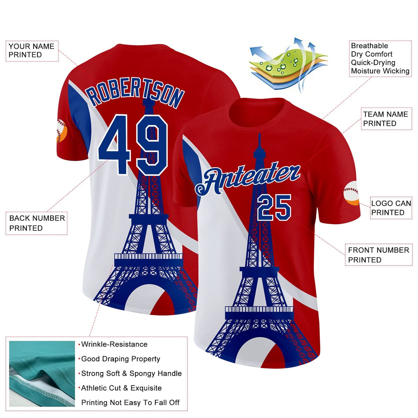 Custom Red Royal-White Eiffel Tower Performance T-Shirt view 2