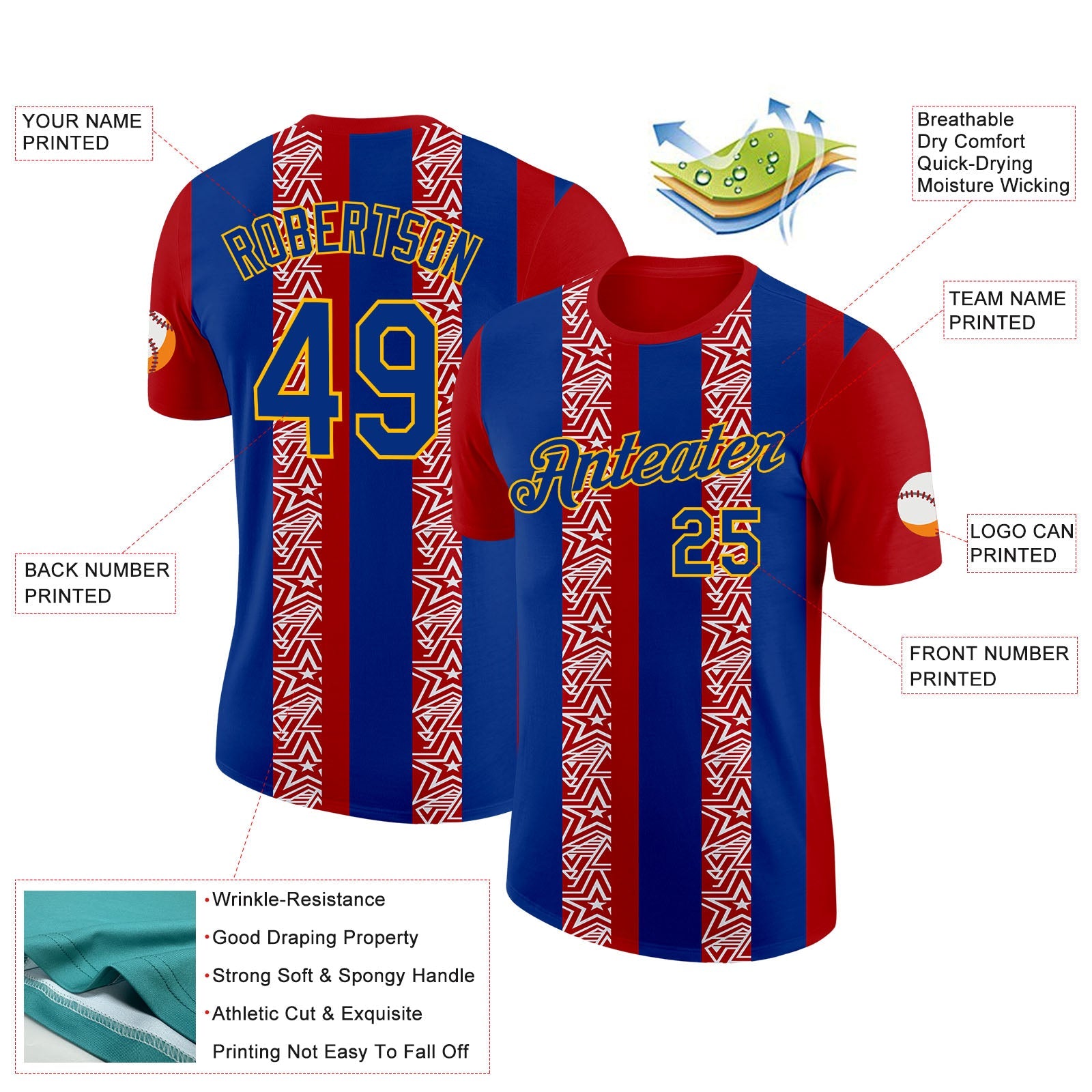 Custom Red Royal Gold-White France Star Performance T-Shirt view 2