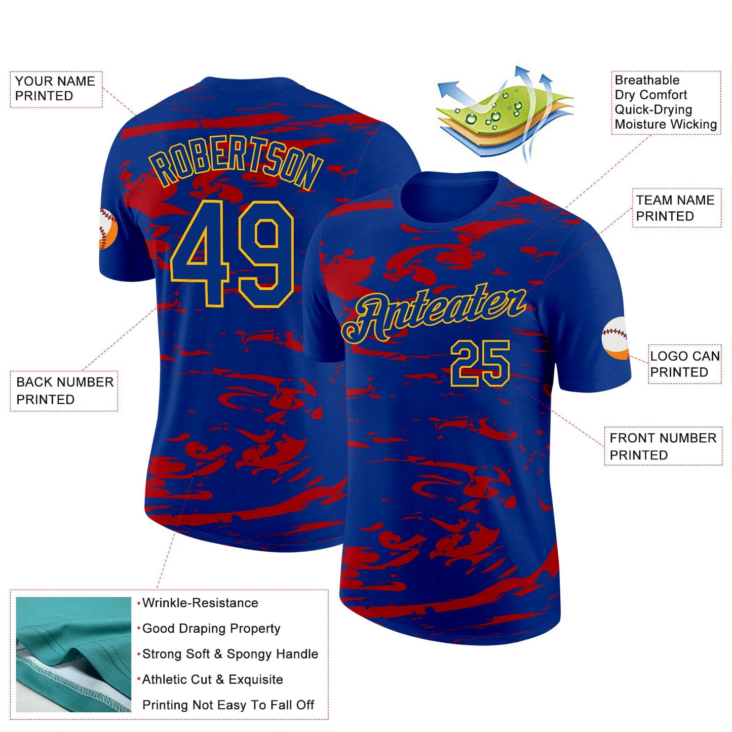 Custom Royal Gold-Red France Liquid Performance T-Shirt view 2