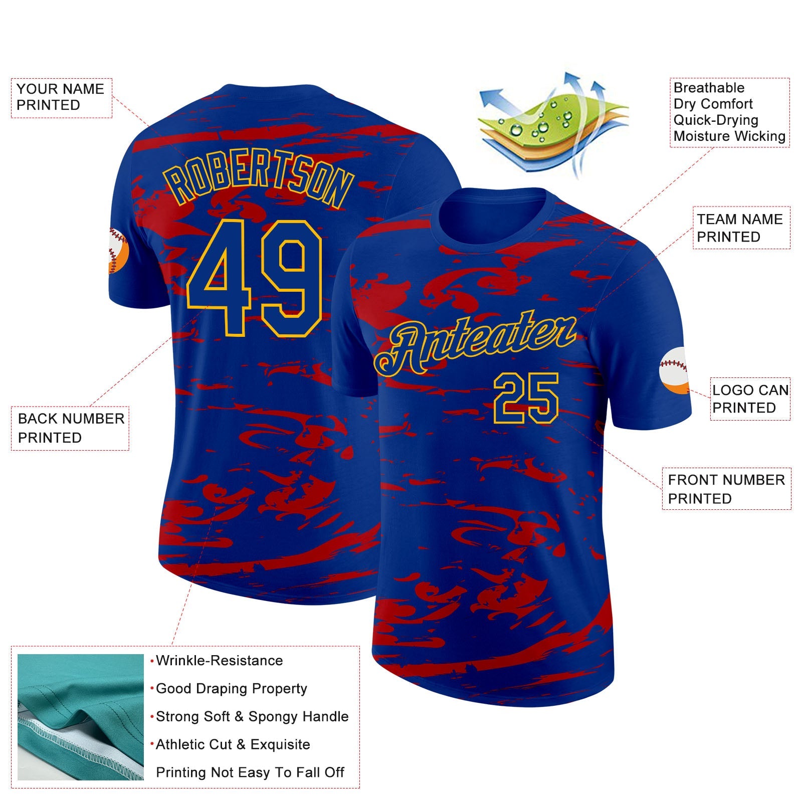Custom Royal Gold-Red France Liquid Performance T-Shirt view 2