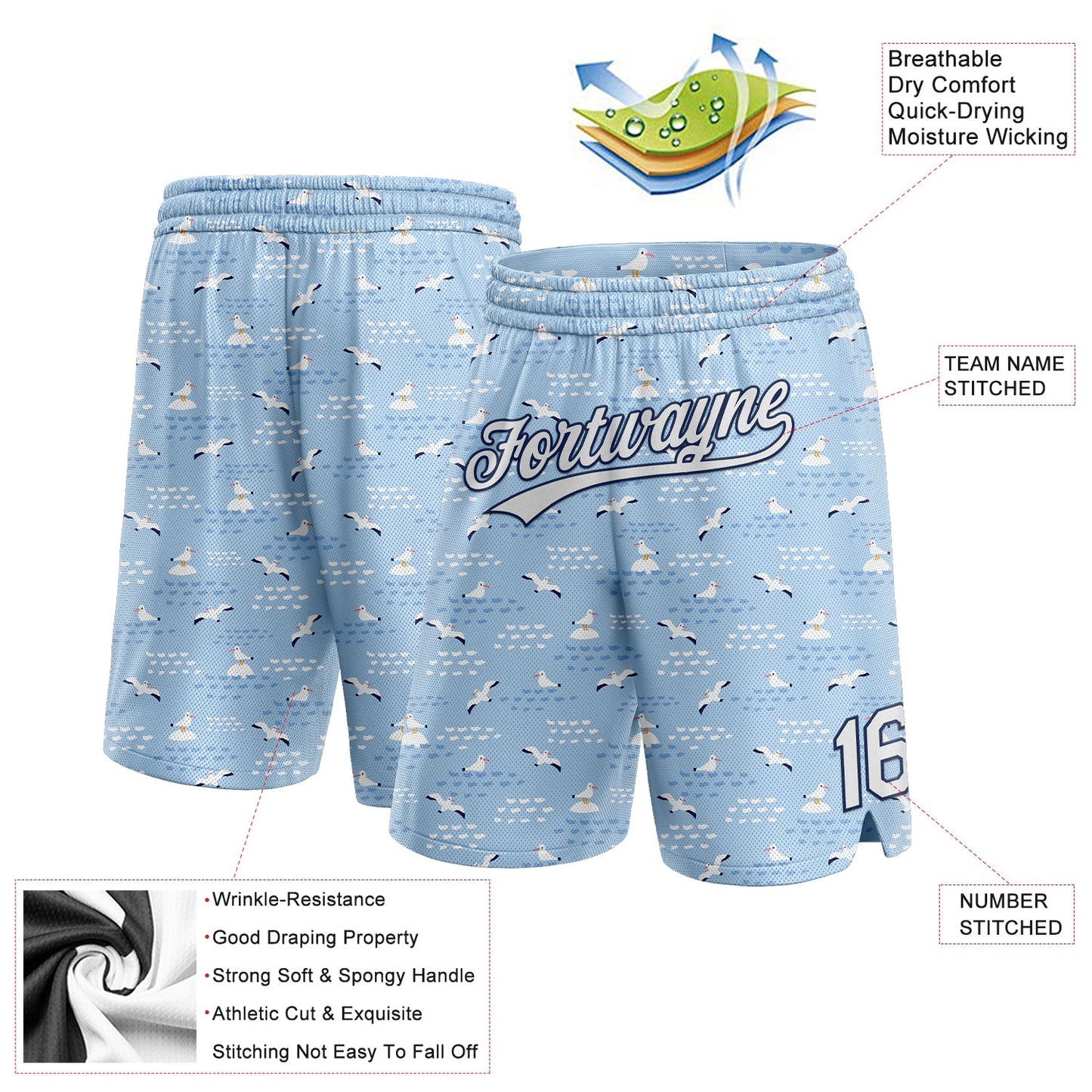 Custom Light Blue White-Navy 3D Pattern Seagulls Authentic Basketball Shorts view 2