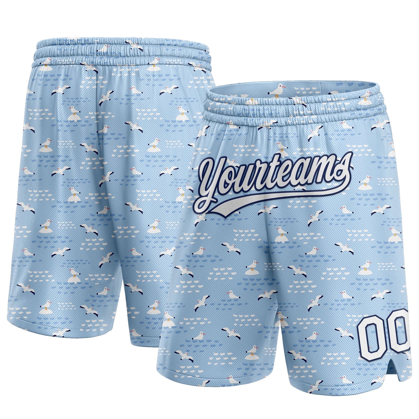 Custom Light Blue White-Navy 3D Pattern Seagulls Authentic Basketball Shorts - Main View