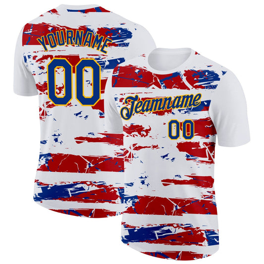 Custom White Royal Gold-Red France Grunge Performance T-Shirt - Main View