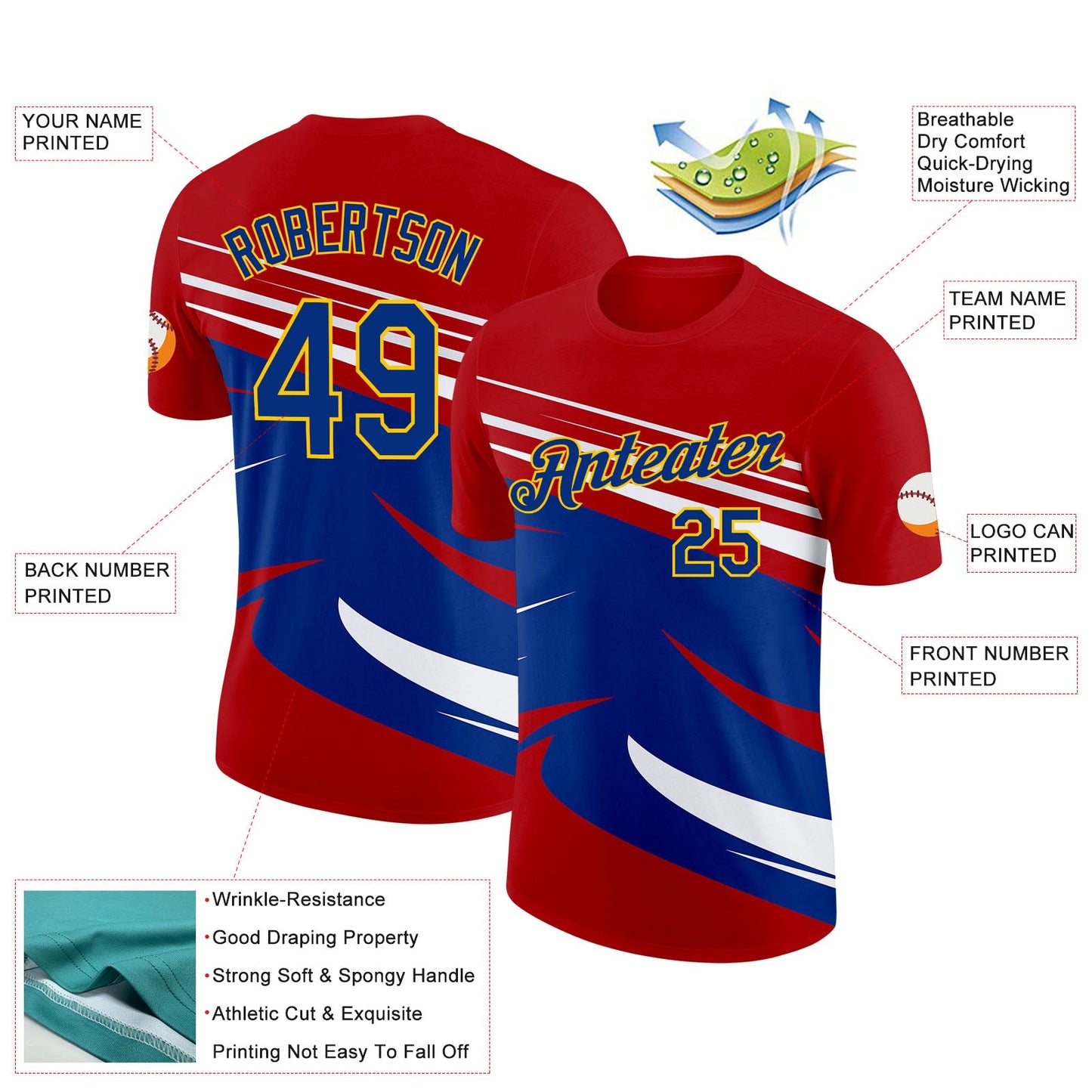 Custom Red Royal Gold-White France Lines Performance T-Shirt view 2
