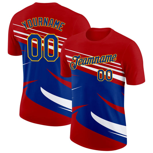Custom Red Royal Gold-White France Lines Performance T-Shirt - Main View