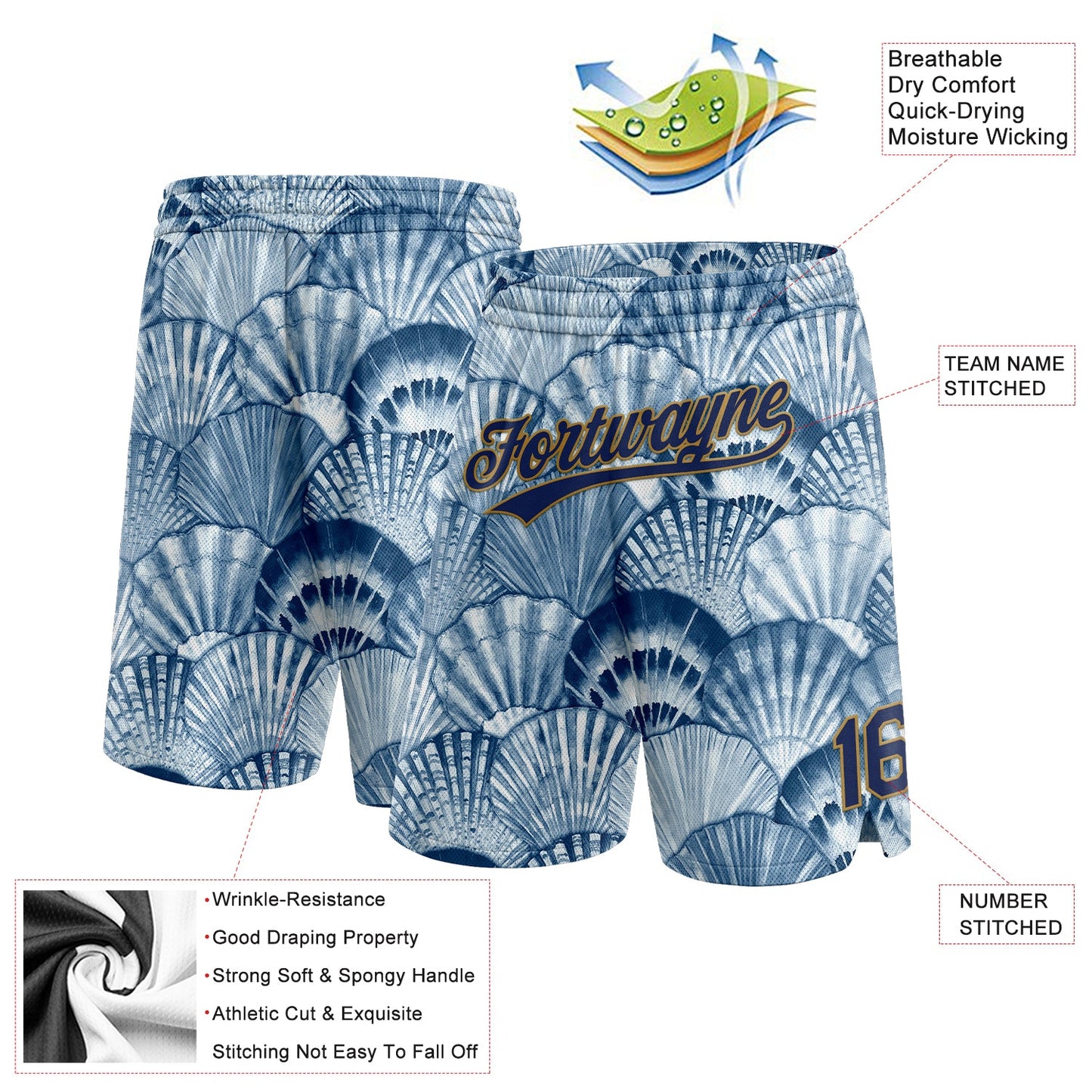 Custom Light Blue Navy-Old Gold 3D Pattern Shells Authentic Basketball Shorts view 2