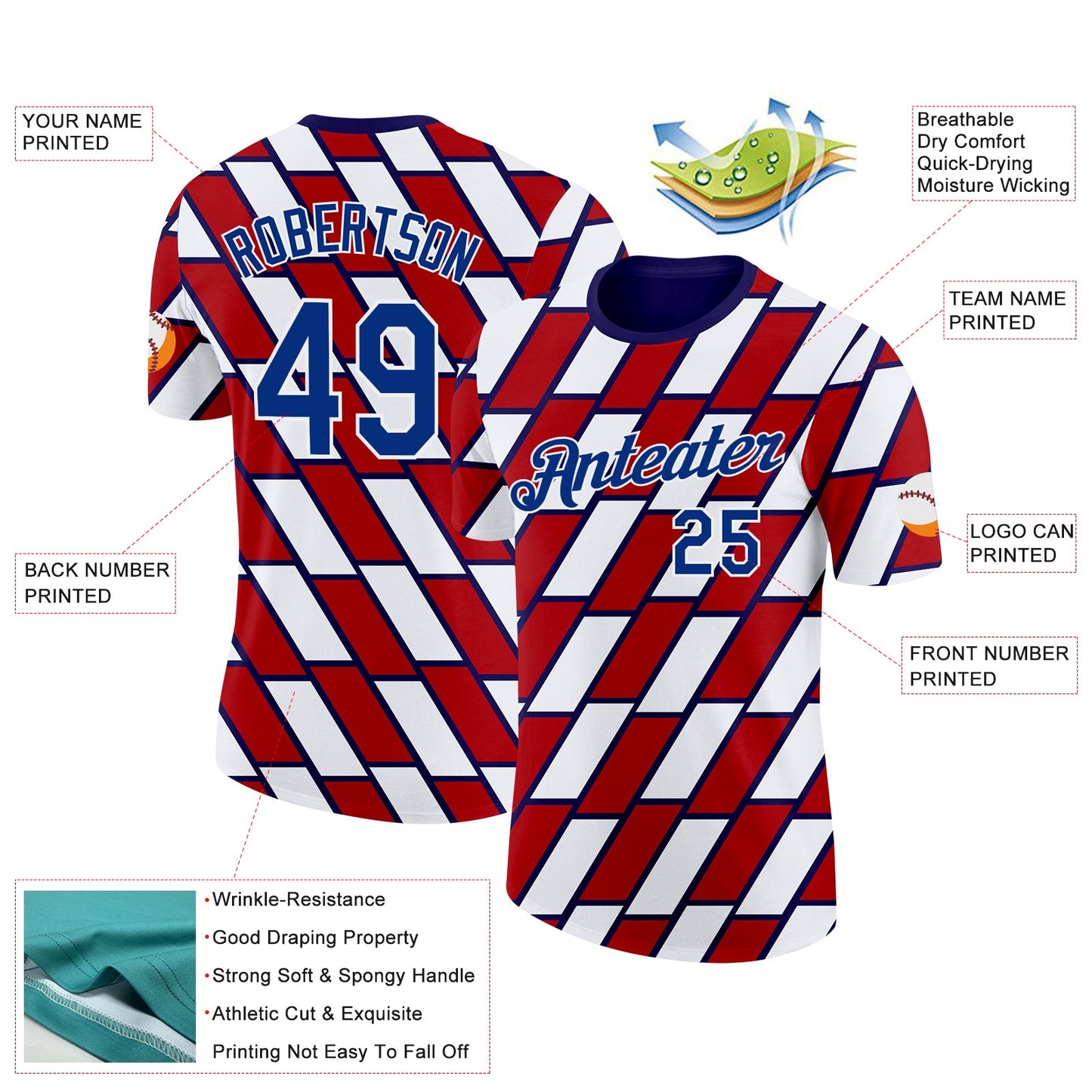 Custom Red Royal Blue-White Norway Geometric Performance T-Shirt view 2