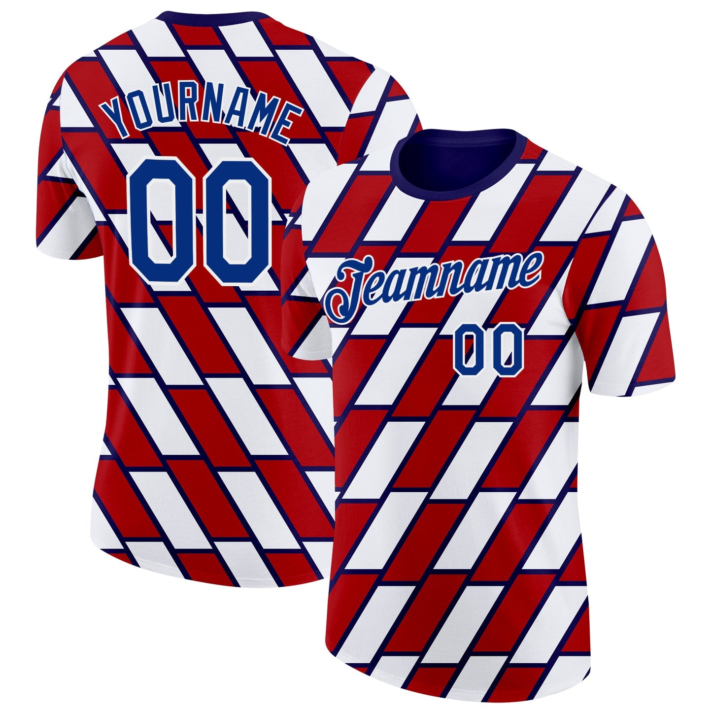 Custom Red Royal Blue-White Norway Geometric Performance T-Shirt - Main View