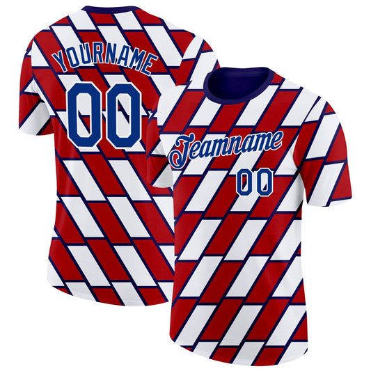 Custom Red Royal Blue-White Norway Geometric Performance T-Shirt - Main View