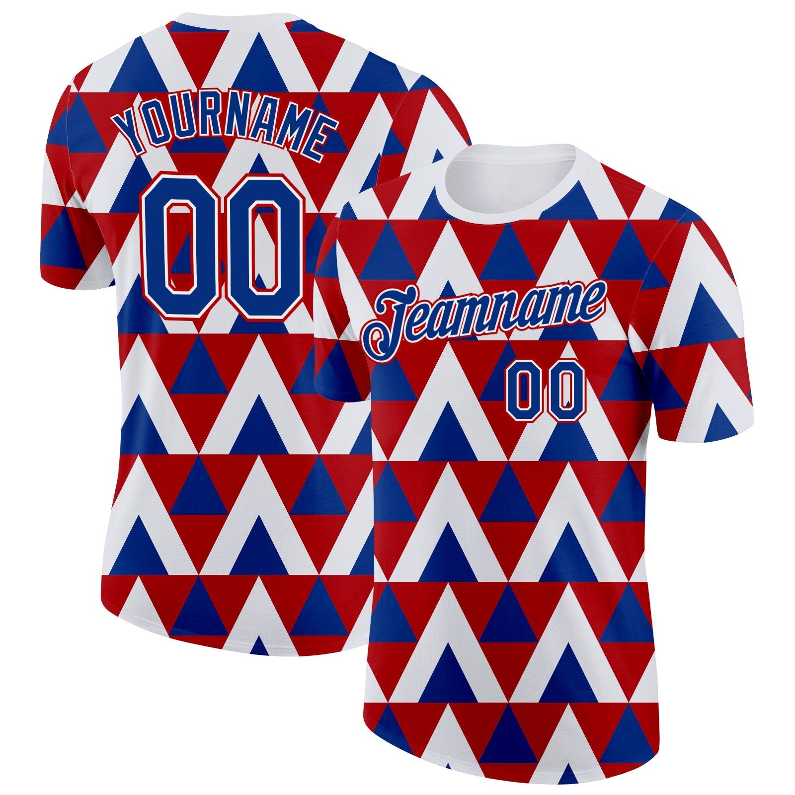 Custom Royal White-Red Norway Geometric Performance T-Shirt - Main View