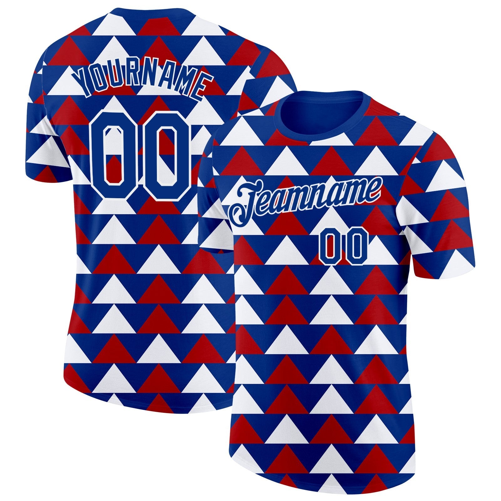 Custom Royal White-Red Norway Geometric Performance T-Shirt - Main View