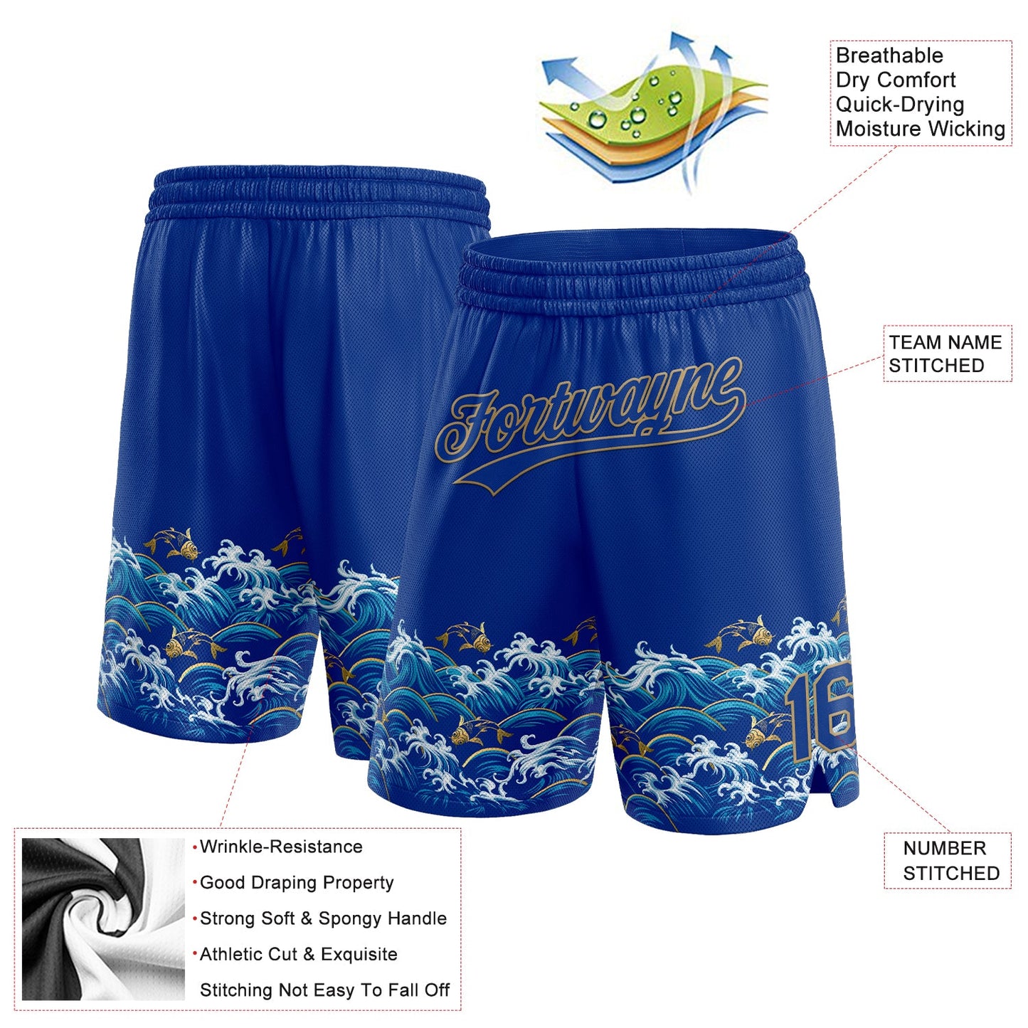 Custom Royal Old Gold 3D Pattern Fish In The Sea Authentic Basketball Shorts view 2