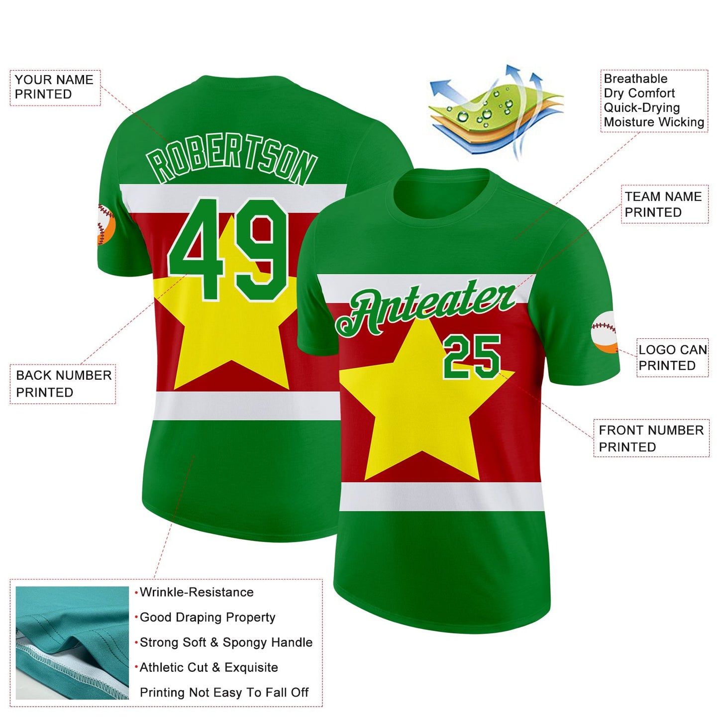 Custom Grass Green White Light Yellow-Red Surinam Flag Performance T-Shirt view 2