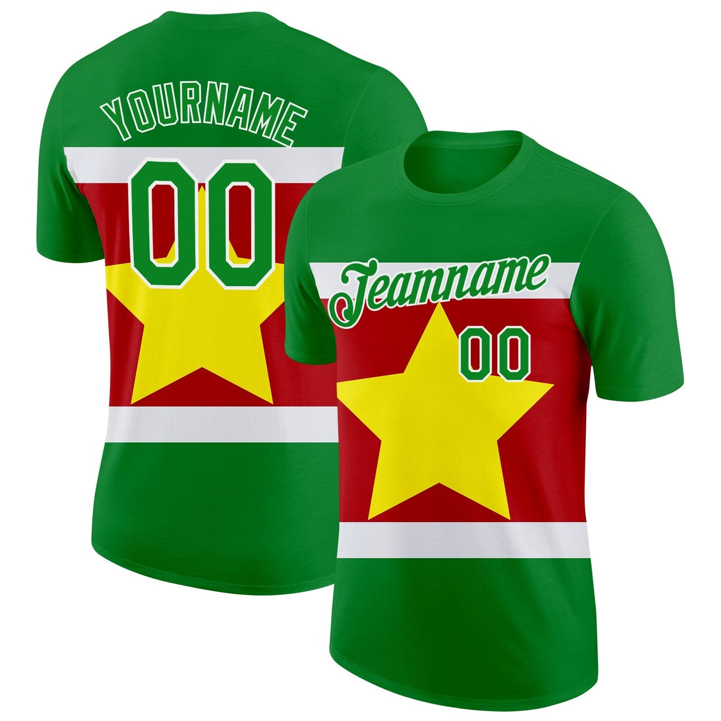Custom Grass Green White Light Yellow-Red Surinam Flag Performance T-Shirt - Main View