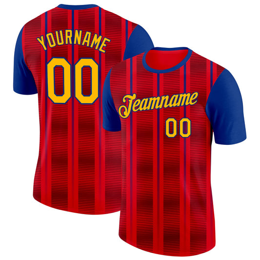Custom Red Gold-Royal Spain Stripe Performance T-Shirt - Main View