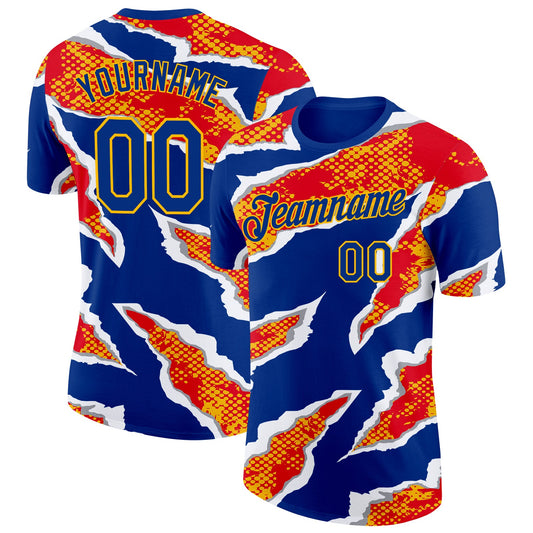 Custom Royal Red-Gold Spain Claw Rip Torn Performance T-Shirt - Main View