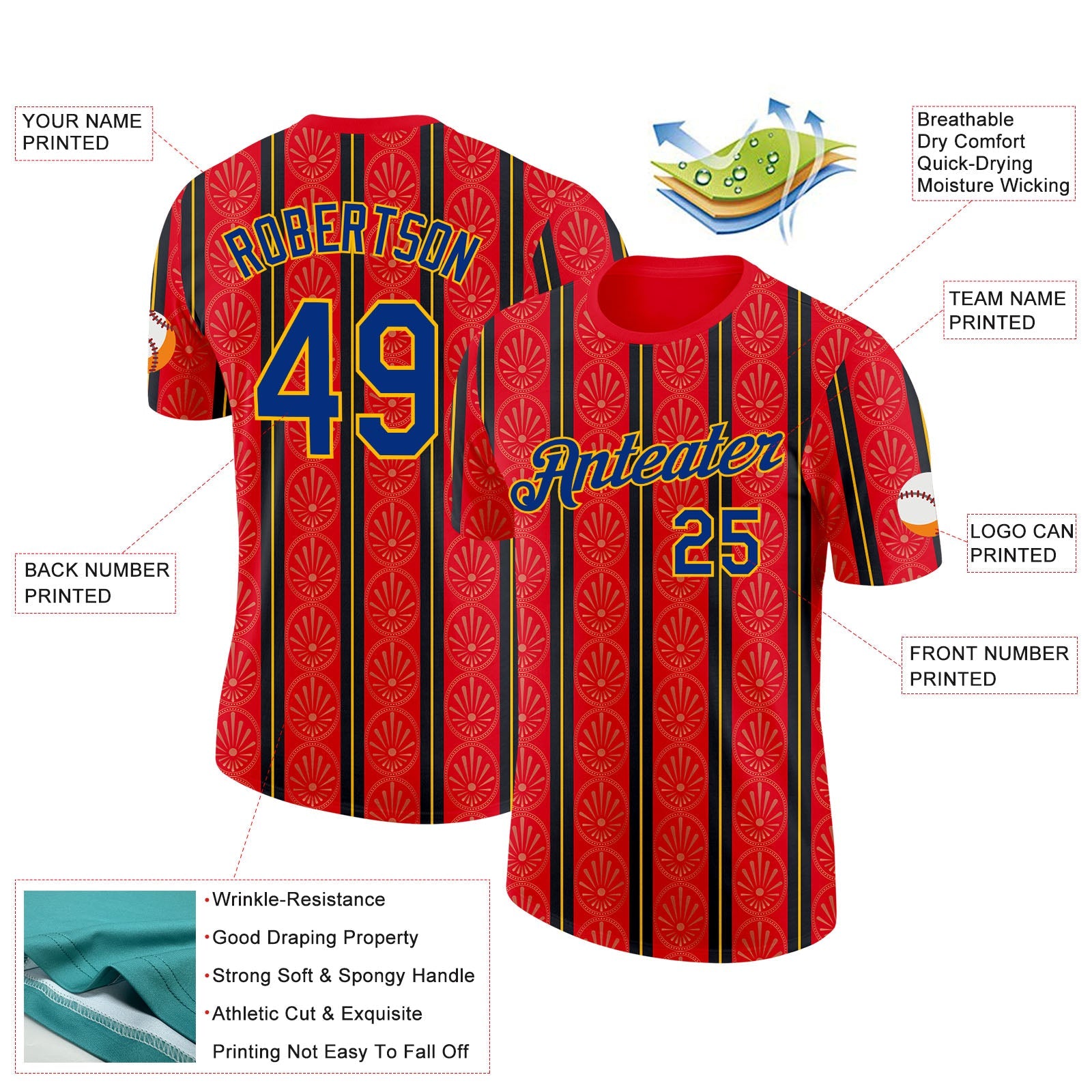 Custom Red Royal-Gold Spain Stripe Performance T-Shirt view 2