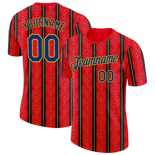 Custom Red Royal-Gold Spain Stripe Performance T-Shirt - Main View