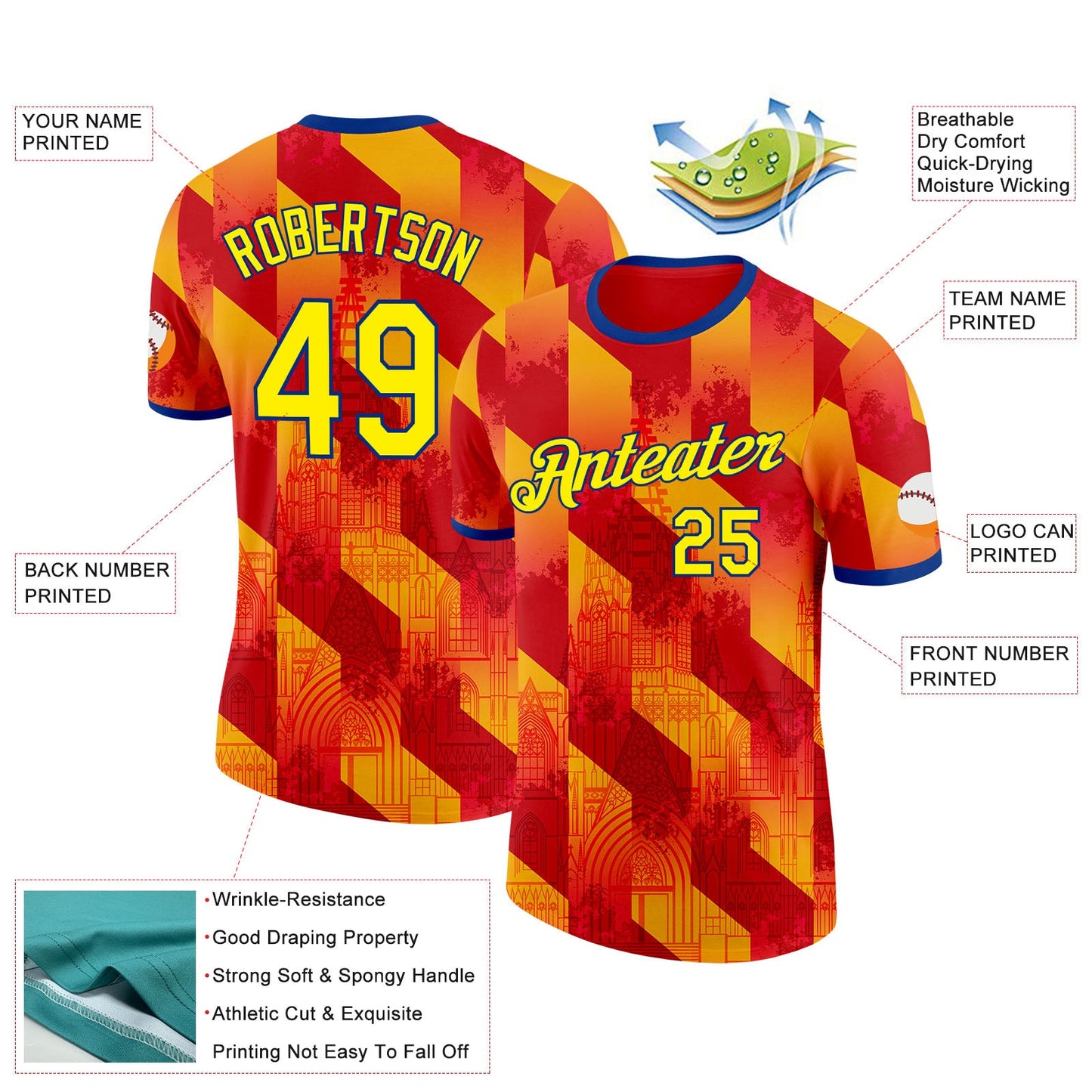 Custom Red Light Yellow-Royal Spain Diagonal Stripe Gothic Performance T-Shirt view 2