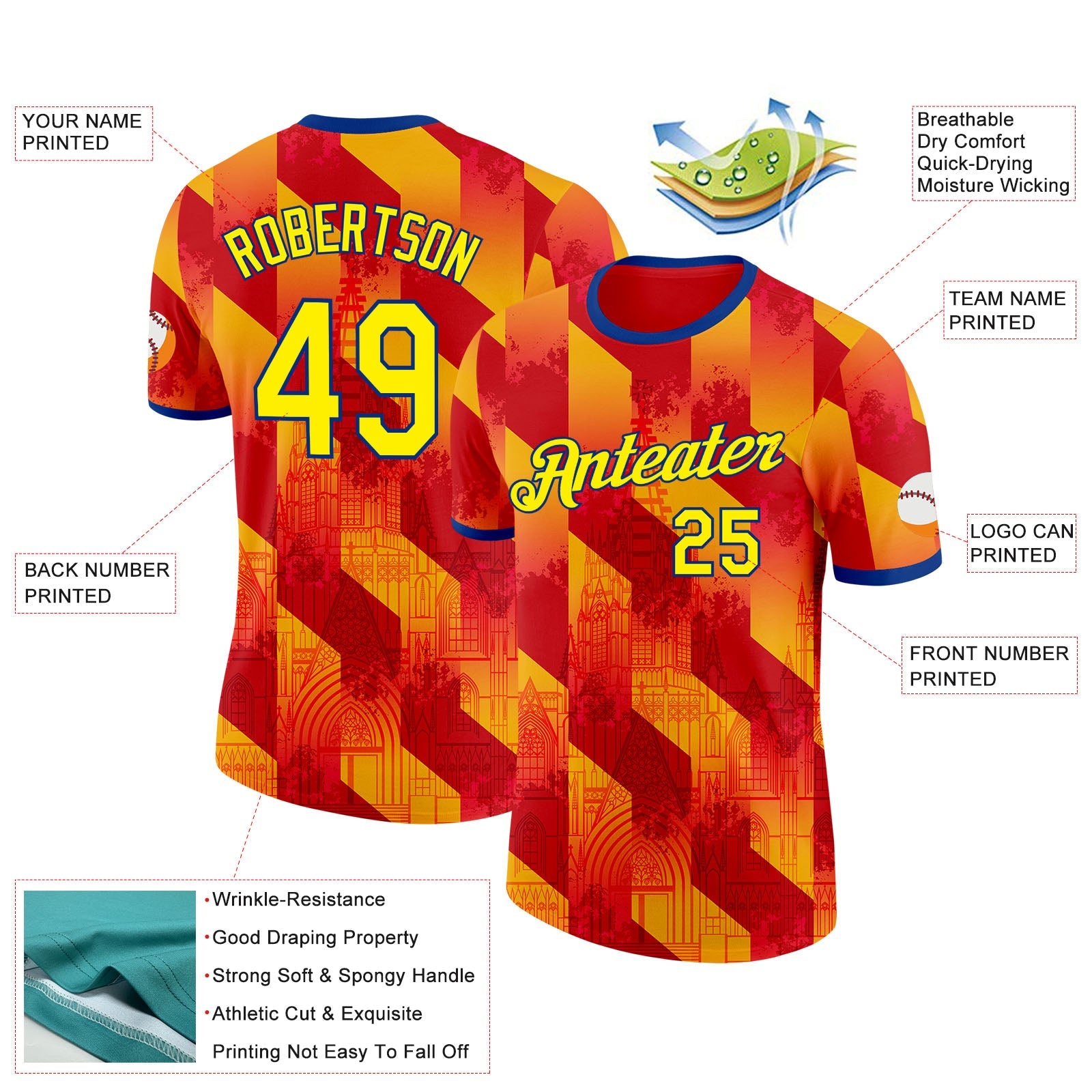 Custom Red Light Yellow-Royal Spain Diagonal Stripe Gothic Performance T-Shirt view 2